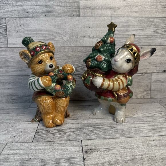 FITZ & FLOYD "CHRISTMAS LODGE" SALT & PEPPER SHAKER SET Ceramic RABBIT & BEAR - Picture 1 of 15